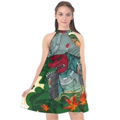 Armor Japan Maple Leaves Samurai Mask Cut Halter Neckline Chiffon Dress  by Wegoenart