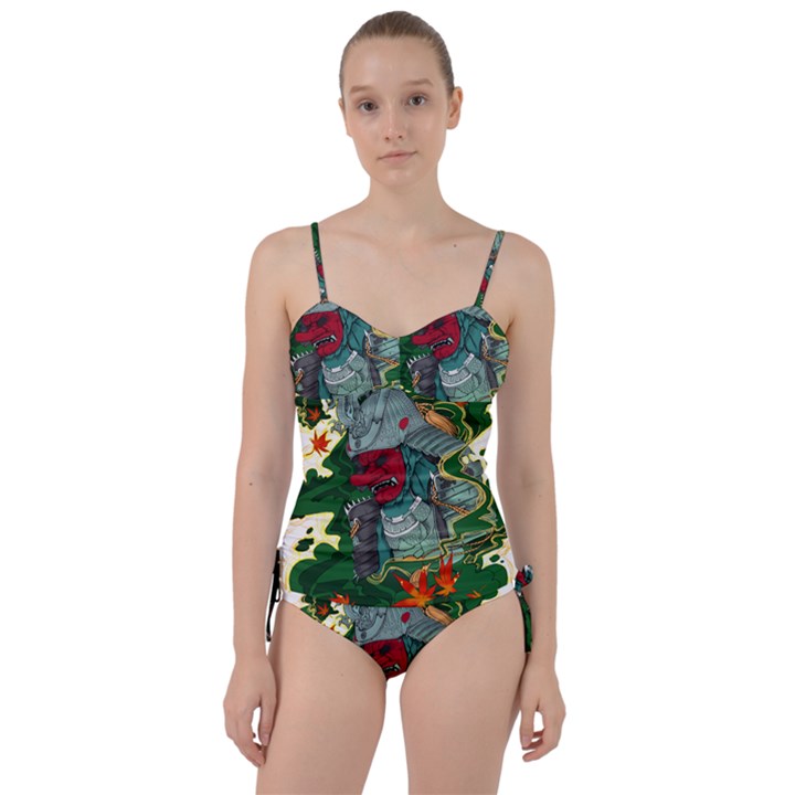 Armor Japan Maple Leaves Samurai Mask Cut Sweetheart Tankini Set