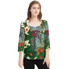 Armor Japan Maple Leaves Samurai Mask Cut Chiffon Quarter Sleeve Blouse by Wegoenart