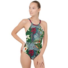 Armor Japan Maple Leaves Samurai Mask Cut High Neck One Piece Swimsuit by Wegoenart