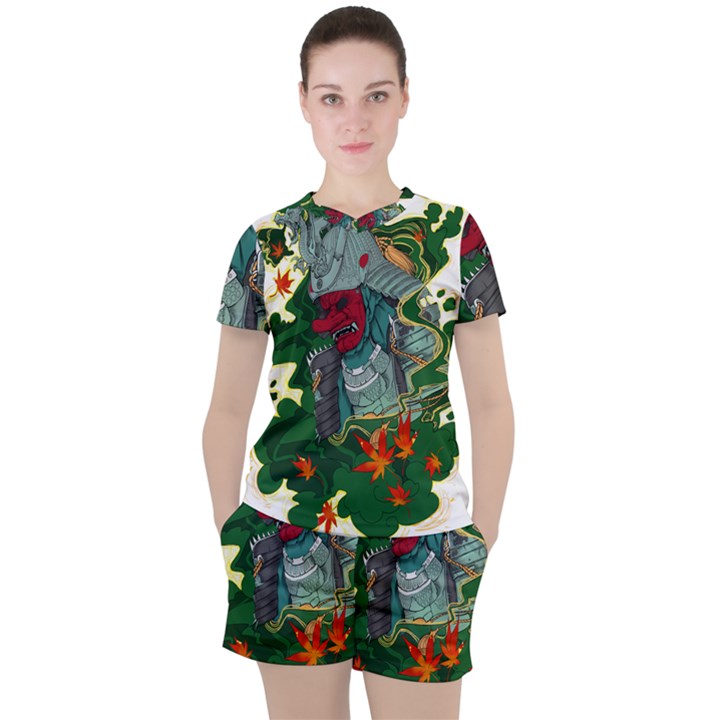 Armor Japan Maple Leaves Samurai Mask Cut Women s Tee and Shorts Set