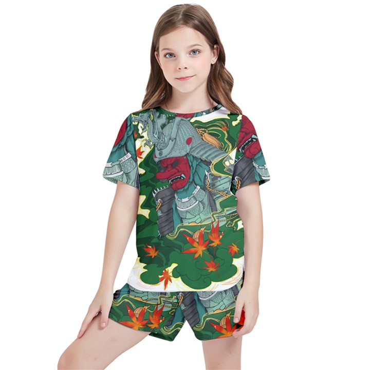 Armor Japan Maple Leaves Samurai Mask Cut Kids  Tee And Sports Shorts Set