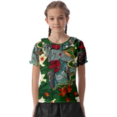 Armor Japan Maple Leaves Samurai Mask Cut Kids  Frill Chiffon Blouse by Wegoenart