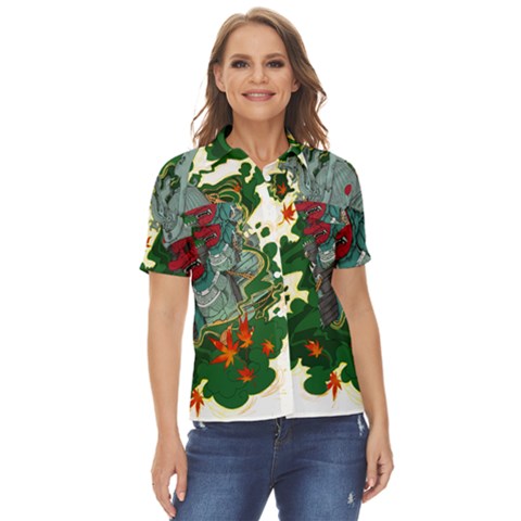 Armor Japan Maple Leaves Samurai Mask Cut Women s Short Sleeve Double Pocket Shirt by Wegoenart