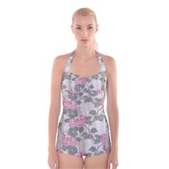 Roses-pink-elegan Boyleg Halter Swimsuit  by nateshop