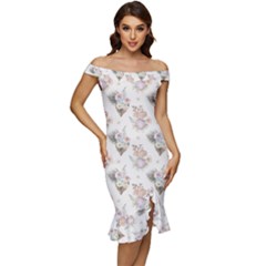 Roses-white Off Shoulder Ruffle Split Hem Bodycon Dress by nateshop