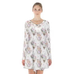 Roses-white Long Sleeve Velvet V-neck Dress