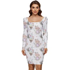 Roses-white Women Long Sleeve Ruched Stretch Jersey Dress