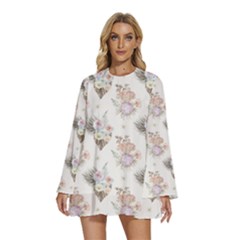 Roses-white Round Neck Long Sleeve Bohemian Style Chiffon Mini Dress by nateshop