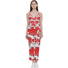 Seamless-heart-red V-neck Spaghetti Strap Tie Front Jumpsuit by nateshop