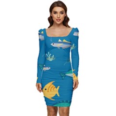 Fish-73 Women Long Sleeve Ruched Stretch Jersey Dress