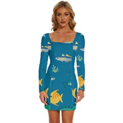 Fish-73 Long Sleeve Square Neck Bodycon Velvet Dress by nateshop