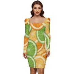 Fruits-orange Women Long Sleeve Ruched Stretch Jersey Dress