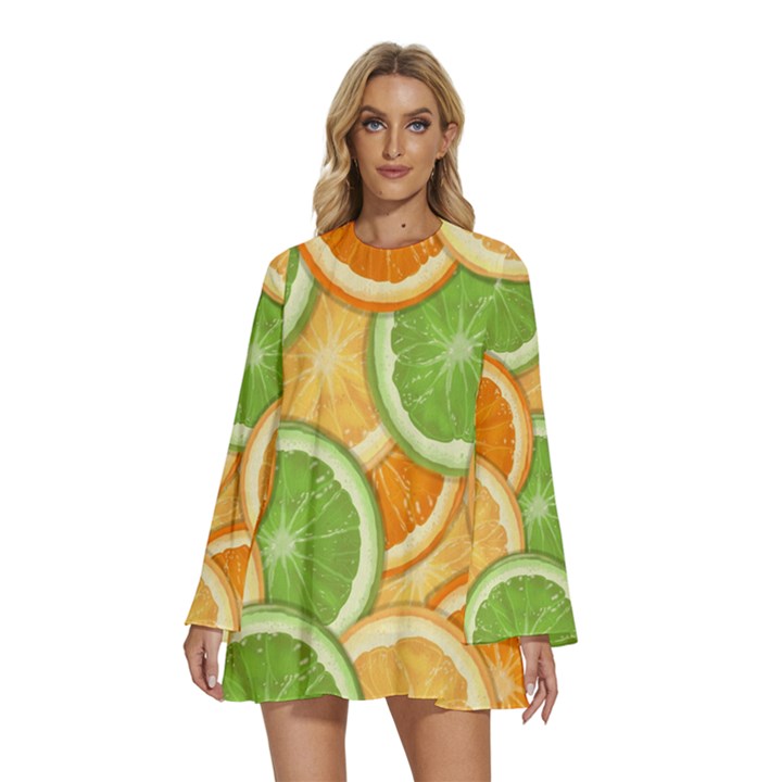 Fruits-orange Round Neck Long Sleeve Bohemian Style Chiffon Mini Dress