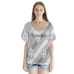 Strip-gray V-neck Flutter Sleeve Top by nateshop