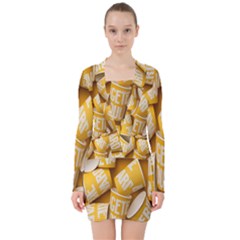 Yellow-cups V-neck Bodycon Long Sleeve Dress by nateshop