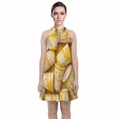 Yellow-cups Velvet Halter Neckline Dress  by nateshop