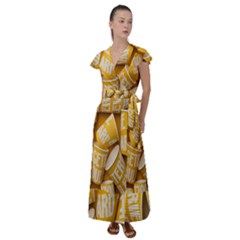 Yellow-cups Flutter Sleeve Maxi Dress