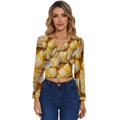 Yellow-cups Long Sleeve V-neck Top