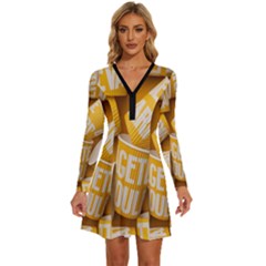 Yellow-cups Long Sleeve Deep V Mini Dress 