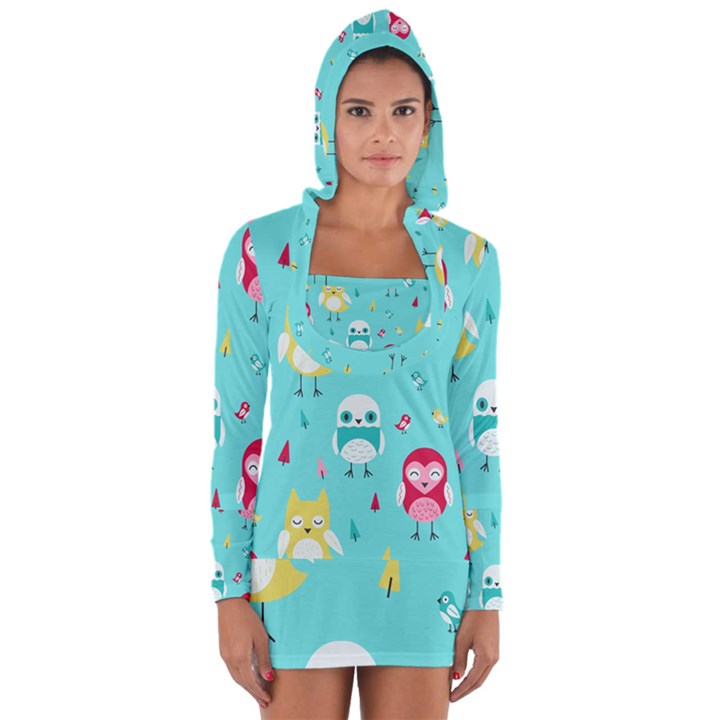 Owls Owl Bird Cute Animal Art Vector  Pattern Colorful Long Sleeve Hooded T-shirt