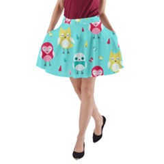 Owls Owl Bird Cute Animal Art Vector  Pattern Colorful A-line Pocket Skirt by Salman4z