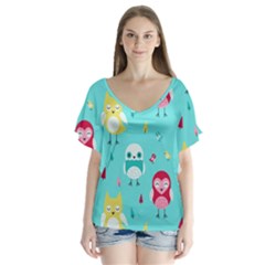 Owls Owl Bird Cute Animal Art Vector  Pattern Colorful V-neck Flutter Sleeve Top by Salman4z