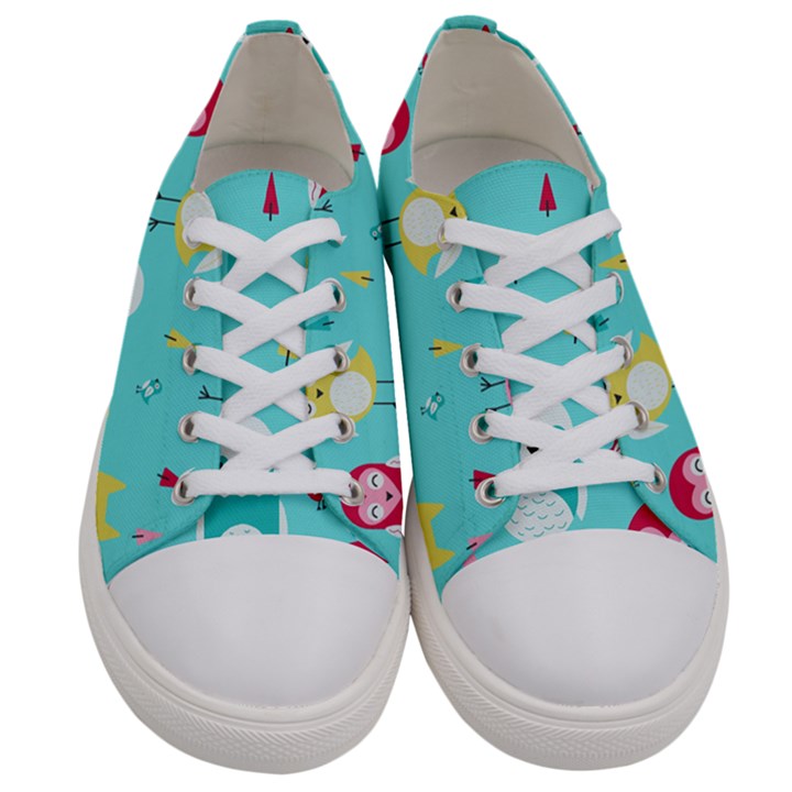 Owls Owl Bird Cute Animal Art Vector  Pattern Colorful Women s Low Top Canvas Sneakers