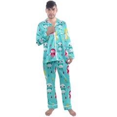 Owls Owl Bird Cute Animal Art Vector  Pattern Colorful Men s Long Sleeve Satin Pajamas Set by Salman4z