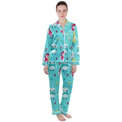 Owls Owl Bird Cute Animal Art Vector  Pattern Colorful Women s Long Sleeve Satin Pajamas Set	 by Salman4z