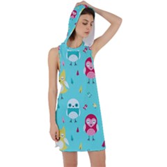 Owls Owl Bird Cute Animal Art Vector  Pattern Colorful Racer Back Hoodie Dress by Salman4z