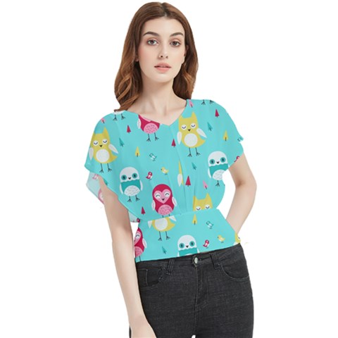 Owls Owl Bird Cute Animal Art Vector  Pattern Colorful Butterfly Chiffon Blouse by Salman4z