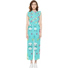 Owls Owl Bird Cute Animal Art Vector  Pattern Colorful Women s Frill Top Chiffon Jumpsuit by Salman4z