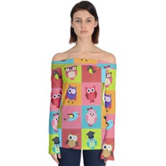 Owls Pattern Abstract Art Vector Cartoon Off Shoulder Long Sleeve Top by Salman4z