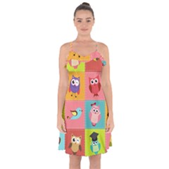 Owls Pattern Abstract Art Vector Cartoon Ruffle Detail Chiffon Dress