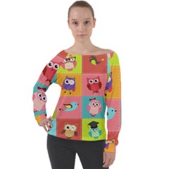 Owls Pattern Abstract Art Vector Cartoon Off Shoulder Long Sleeve Velour Top by Salman4z