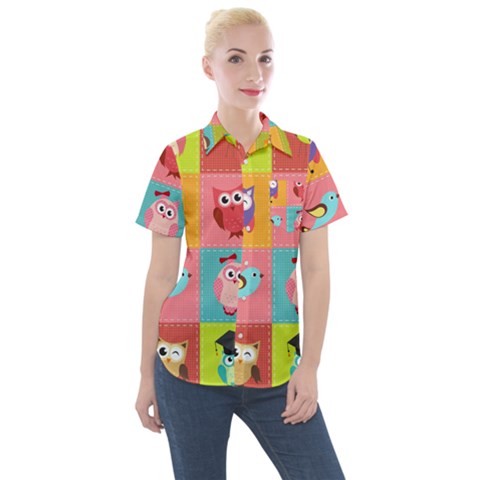 Owls Pattern Abstract Art Vector Cartoon Women s Short Sleeve Pocket Shirt by Salman4z