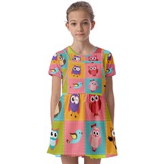 Owls Pattern Abstract Art Vector Cartoon Kids  Short Sleeve Pinafore Style Dress by Salman4z