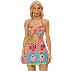 Owls Pattern Abstract Art Vector Cartoon Vintage Style Bikini Top And Skirt Set  by Salman4z