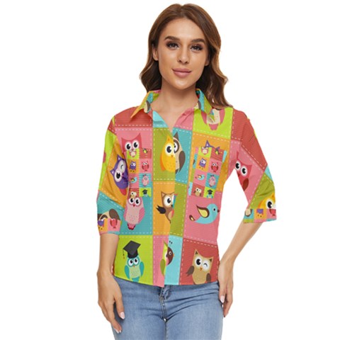 Owls Pattern Abstract Art Vector Cartoon Women s Quarter Sleeve Pocket Shirt by Salman4z