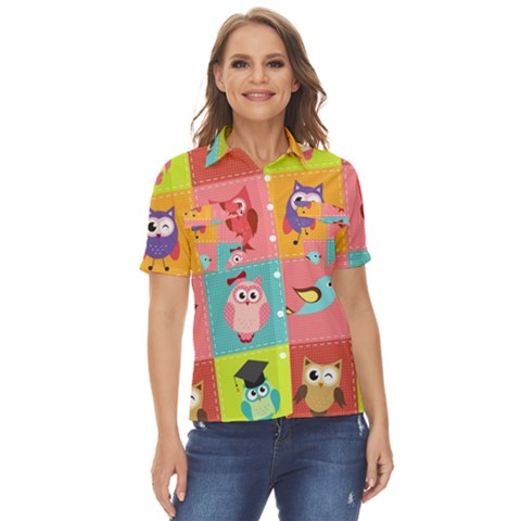 Owls Pattern Abstract Art Vector Cartoon Women s Short Sleeve Double Pocket Shirt by Salman4z