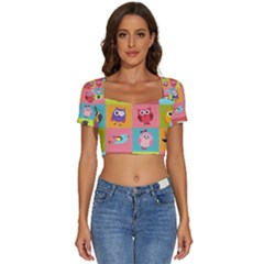 Owls Pattern Abstract Art Vector Cartoon Short Sleeve Square Neckline Crop Top  by Salman4z