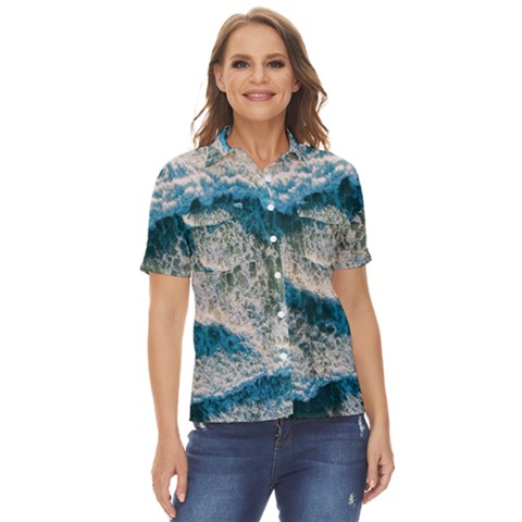 Waves Wave Nature Beach Women s Short Sleeve Double Pocket Shirt by Salman4z