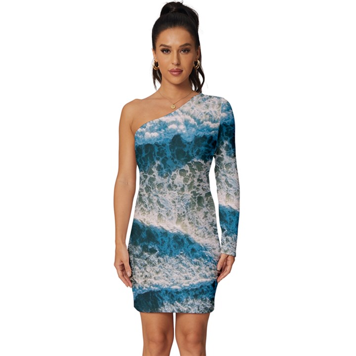 Waves Wave Nature Beach Long Sleeve One Shoulder Mini Dress