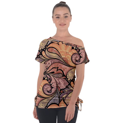 Colorful Background Artwork Pattern Floral Patterns Retro Paisley Off Shoulder Tie-up Tee by Salman4z