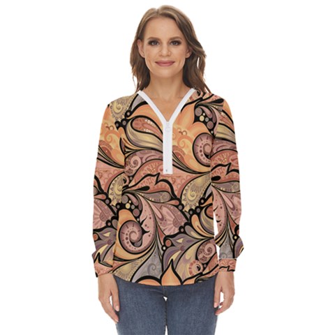 Colorful Background Artwork Pattern Floral Patterns Retro Paisley Zip Up Long Sleeve Blouse by Salman4z