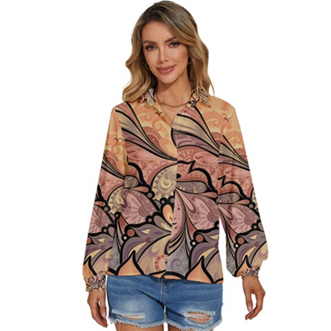 Colorful Background Artwork Pattern Floral Patterns Retro Paisley Women s Long Sleeve Button Down Shirt by Salman4z