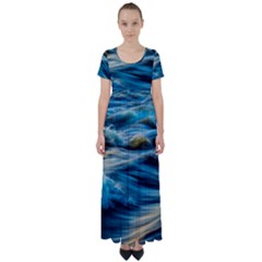 Waves Wave Water Blue Sea Ocean Abstract High Waist Short Sleeve Maxi Dress