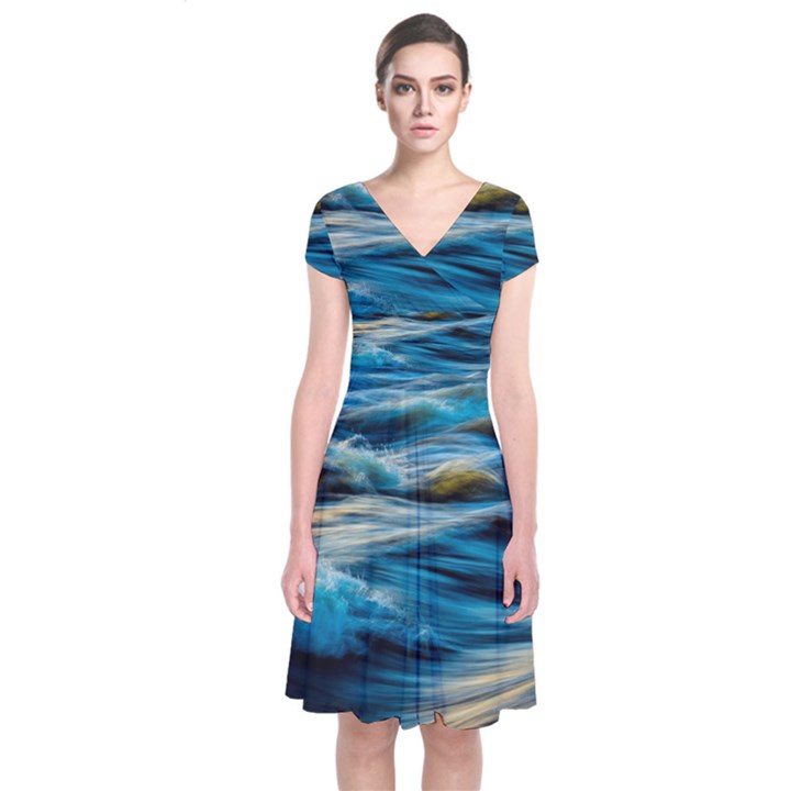 Waves Wave Water Blue Sea Ocean Abstract Short Sleeve Front Wrap Dress