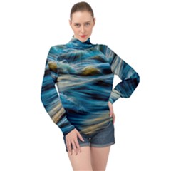 Waves Wave Water Blue Sea Ocean Abstract High Neck Long Sleeve Chiffon Top